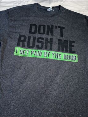 "Don't Rush Me" Delta Dark Gray Short Sleeve Graphic Tee with Green Accent Large